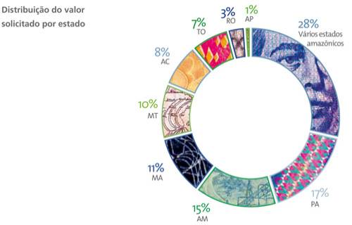 Abrangência territorial dos projetos. 28% no Pará. 9% no Amazonas. 8% no Mato Grosso. 4% em Rondônia. 2% no Acre. 2% no Tocantis. 2% no Maranhão. 1% no Amapá. 14% em vários estados amazônicos. 