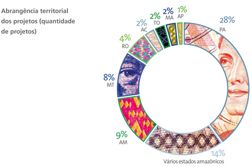 Distribuição do valor solicitado por estado. Pará, 17%. Amazonas, 15%. Maranhão, 11%. Mato Grosso, 10%. Acre, 8%. Tocantins, 7%. Rondônia, 3%. Amapá, 1%. Vários estados amazônicos, 28%.