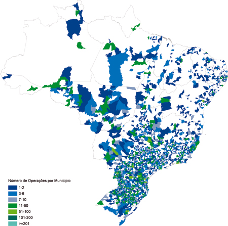 Mapa de Distribuição geográfica das operações com garantia do F G I em 2012, com maior concentração nas regiões Sul e Sudeste.