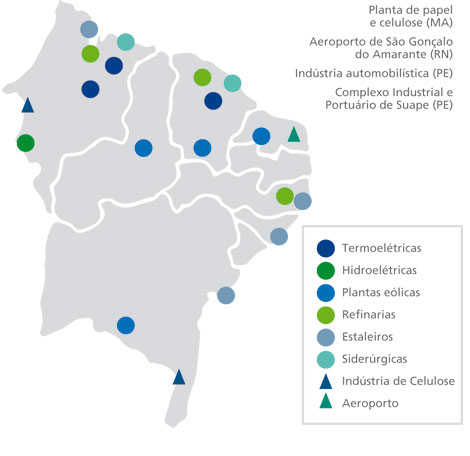 Mapa de projetos estruturantes no nordeste. Mostra localização de Termoelétricas. Hidroelétricas. Plantas eólicas. Refinarias. Estaleiros. Siderúrgicas. Indústria de celulose. Aeroportos. Planta de papel e celulose (Maranhão). Aeroporto de São Gonçalo do Amarante (Rio Grande do Norte). Indústria automobilística (Pernambuco). Complexo Industrial e Portuário de Suape (Pernambuco). 