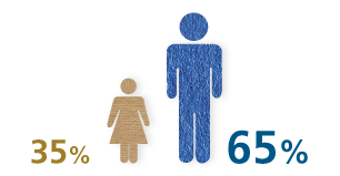 35% mulheres e 65% homens